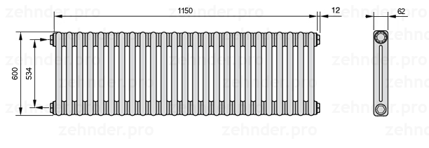 Схема (чертеж) Радиатор Zehnder Charleston 2060/25 №1270 Белый глянцевый RAL 9016